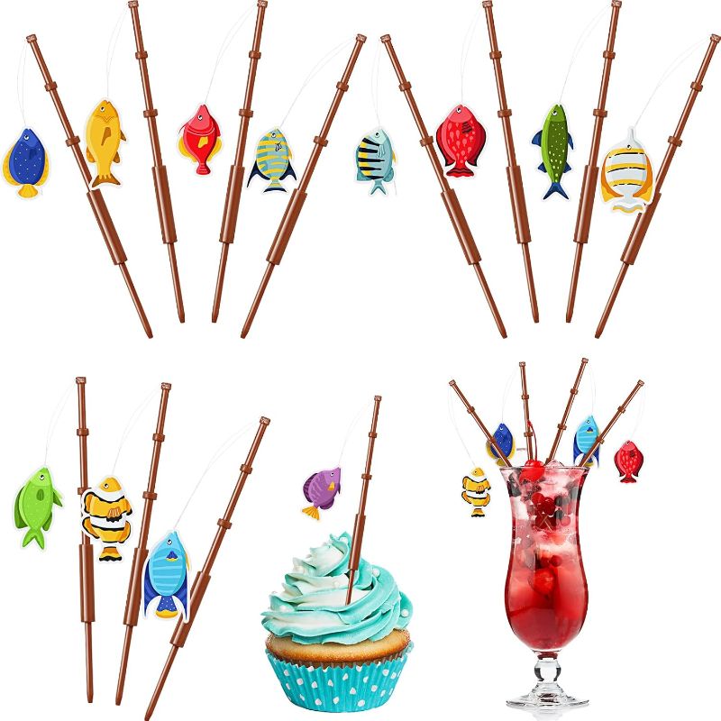 Photo 1 of 36 Pcs Fishing Birthday Party Decorations Fish Cupcake Pole Picks Fishing Themed Party Supplies Little Fisherman Tropical Appetizer Pick Cocktail Decoration for Drink Baby Shower Party Favor Kids