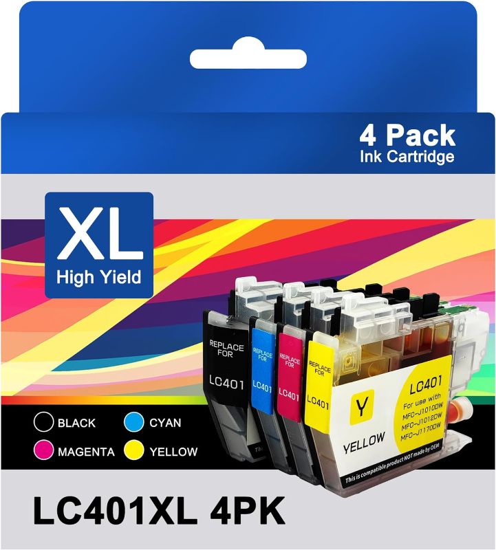 Photo 1 of LC401XL Ink Cartridges Replacement for Brother LC401XL LC401 Ink Work with MFC-J1010DW MFC-J1012DW MFC-J1170DW Printer 4 Pack (Black Cyan Magenta Yellow)