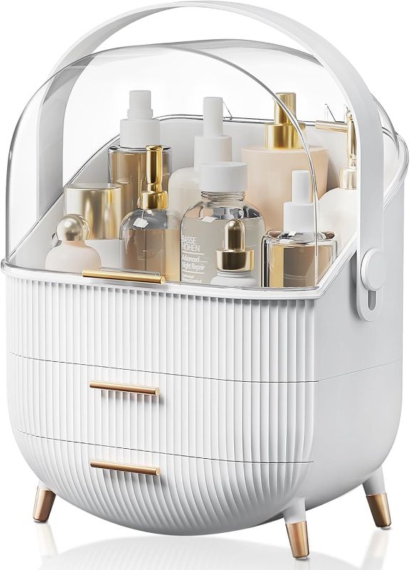 Photo 1 of *****USED*** Makeup Storage Organizer with Lid, Waterproof Cosmetics Skincare Organizer for Vanity, Portable Makeup Storage Box for Countertop, Gifts, Women (White)