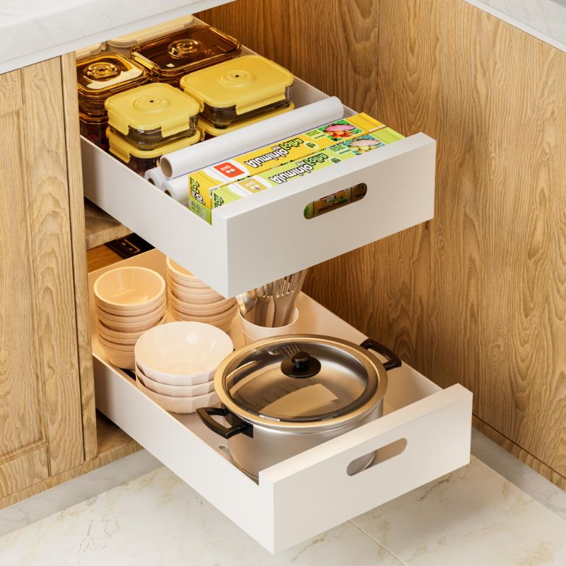 Photo 1 of 2 Pack | Pull Out Cabinet Organizer Adhesive, 10-Inch Wide Sturdy Carbon Steel Pull Out Drawers for Cabinets, Slide-Out Shelves for Pantry and Bathroom Vanity - 16.9'' Depth x 3.1'' Height. 10'' Width White - 2 Pack ** One drawers slides broken, ball bear