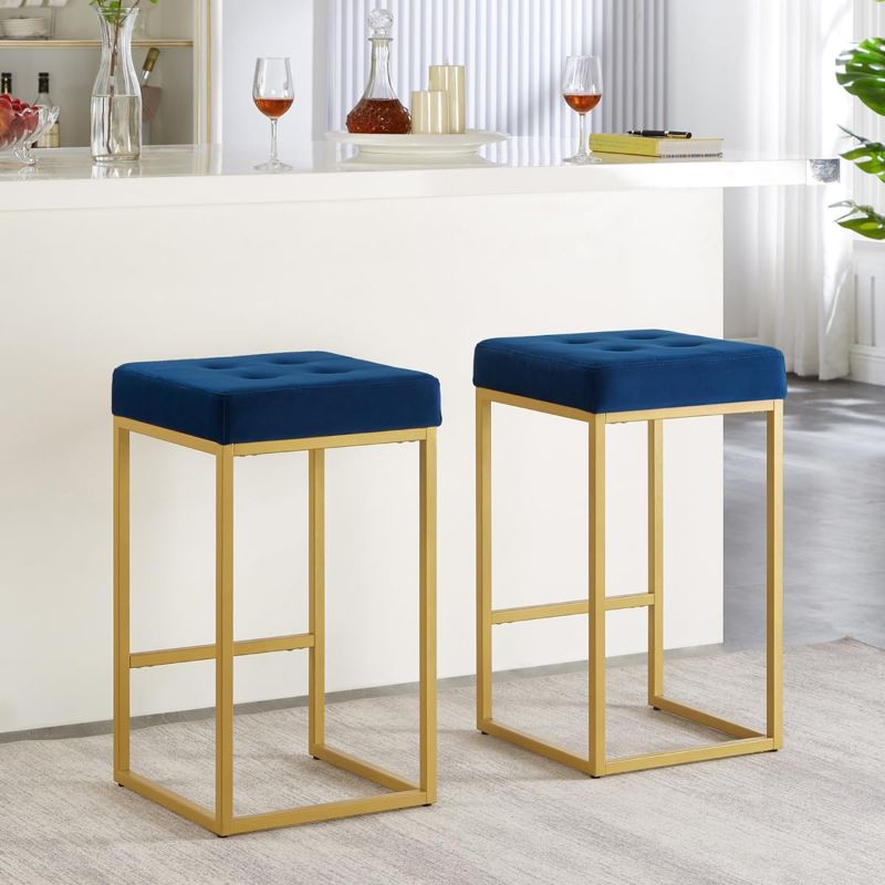 Photo 1 of 24KF Contemporary Counter Height Bar Stool Set of 2 for Kitchen Island, 26" H Velvet Padded Gold Barstool Bar Chair,5066-Navy
