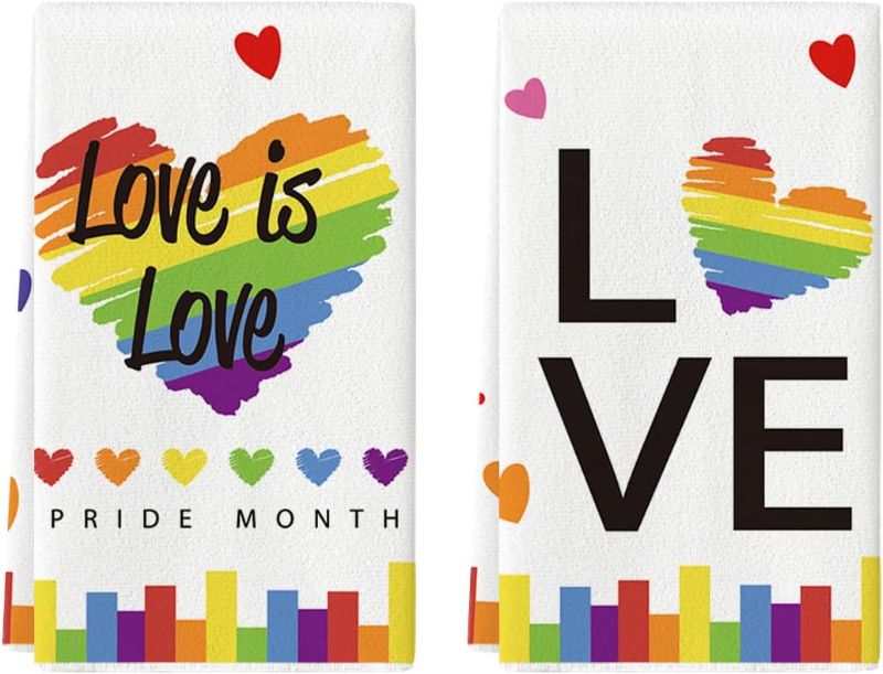 Photo 1 of Artoid Mode Love Is Love Heart LGBT Kitchen Towels Dish Towels, 18x26 Inch Seasonal Pride Month Decoration Hand Towels Set of 2
