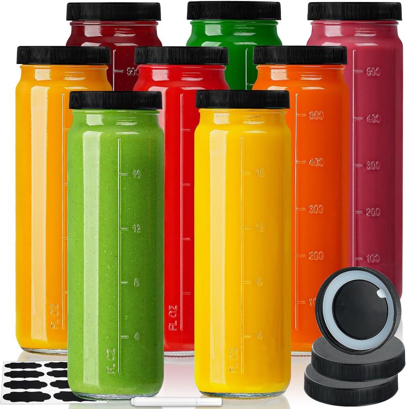 Photo 1 of [8 Pack] 20 Oz Glass Juicing Bottles w Airtight Lids - Reusable Drinking Jars w Scale, Travel Water Cups - Tall Mason Jar for Juice, Boba, Smoothie, Vanilla Extract(Extra 3 Lids)
