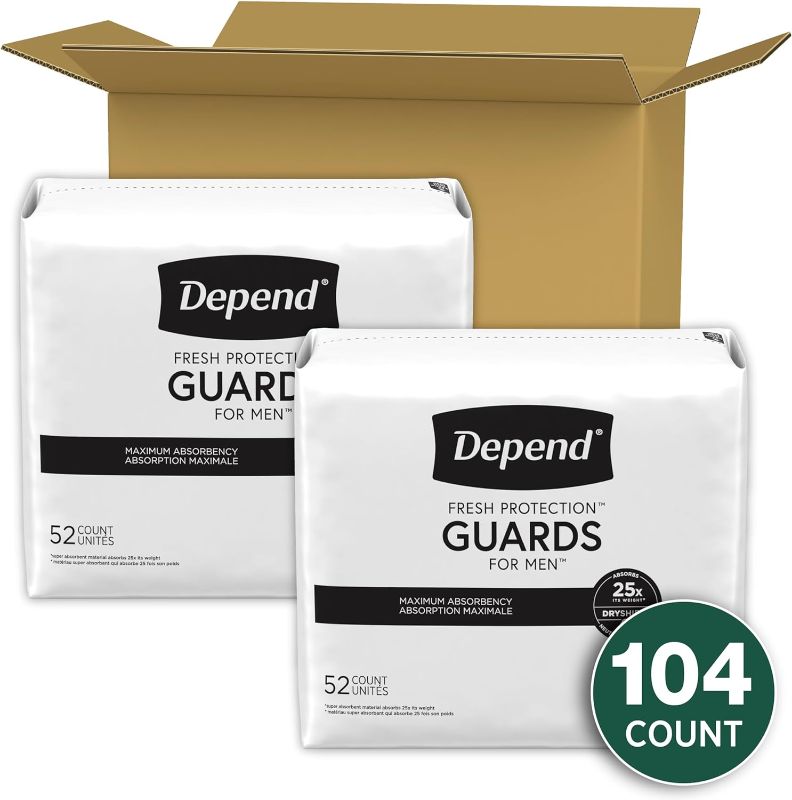 Photo 1 of ** new, open package**
Depend Incontinence Guards/Incontinence Pads for Men/Bladder Control Pads, Maximum Absorbency, 104 Count (2 Packs of 52), Packaging May Vary
