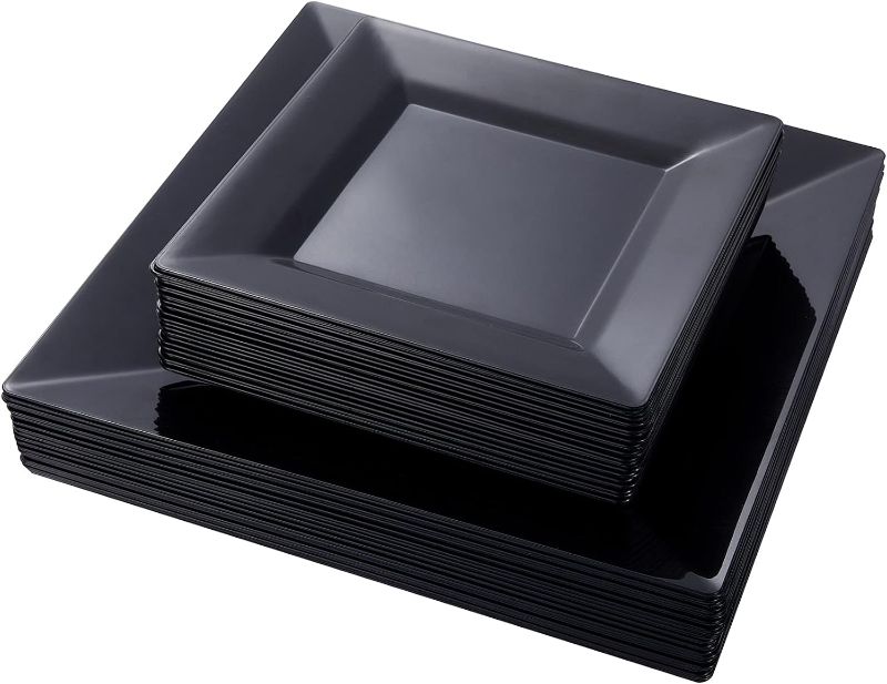 Photo 1 of ** 8 PIECE*
N9R 60 Pack Black Square Plastic Plates (9.5'' Dinner, 6.5'' Dessert/Salad) - Classic, Disposable, BPA Free, Reusable & Recyclable - Great for Parties & Weddings