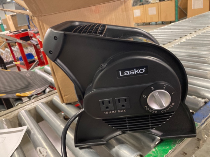 Photo 3 of ** USE FOR PARTS**
Lasko 12” Utility Fan for Job Site or Home Use, 289 CFM, Pivoting High Velocity Blower Fans, 3 Speeds, 2 Accessory Outlets 120V, Black, U12104
