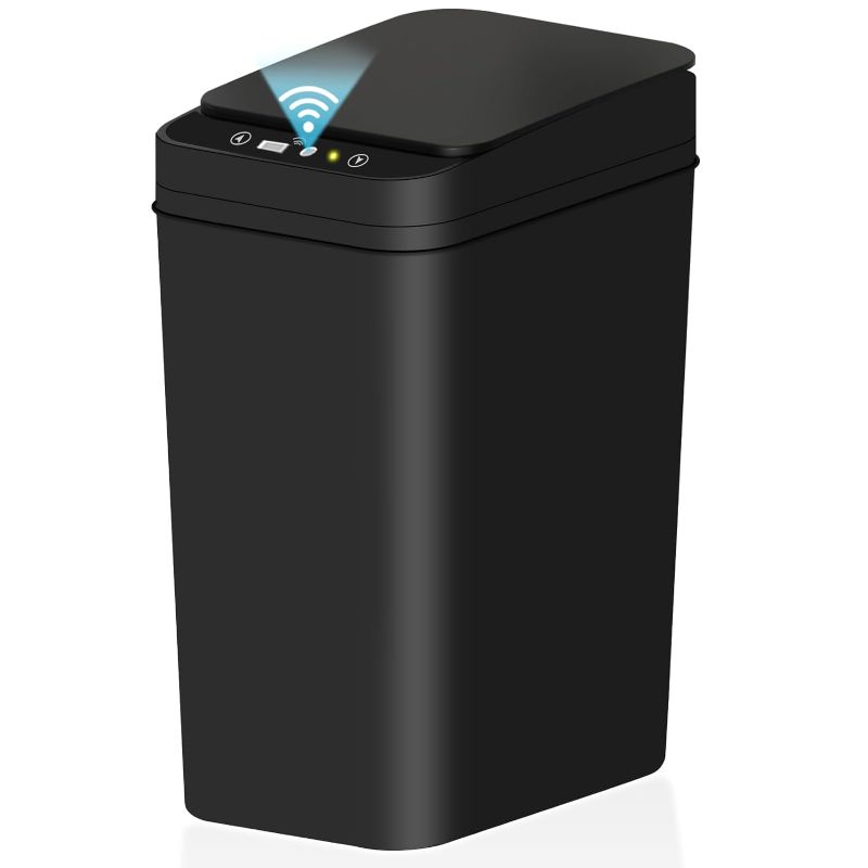 Photo 1 of Bathroom Small Trash Can with Lid, 2.2 Gallon Touchless Automatic Garbage Can Slim Waterproof Motion Sensor Smart Trash Bin for Bedroom, Office, Living Room-Black
