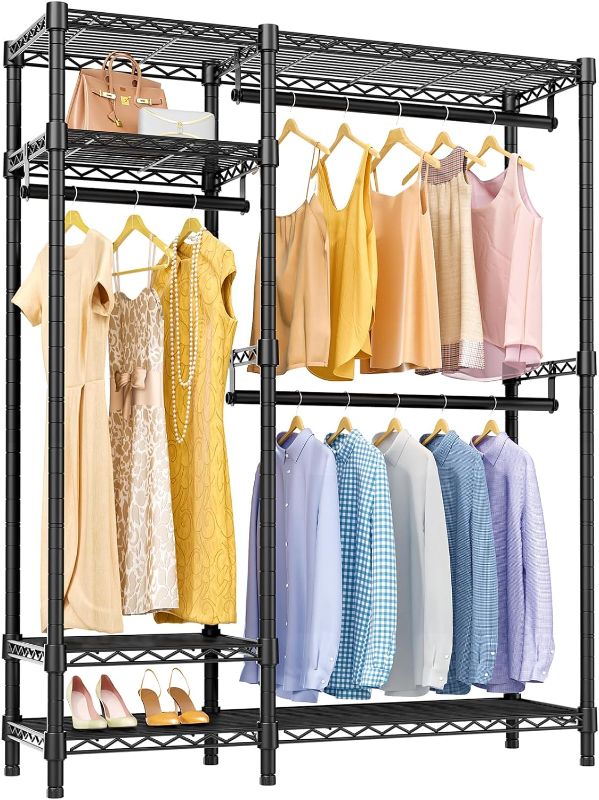 Photo 1 of 5-Tiers Metal Garment Clothes Rack with Shelves Freestanding Clothing Rack for Hanging Clothes Double Rods and 4 Side Hook, 33.8" L x 17.3" W x 68.5" H