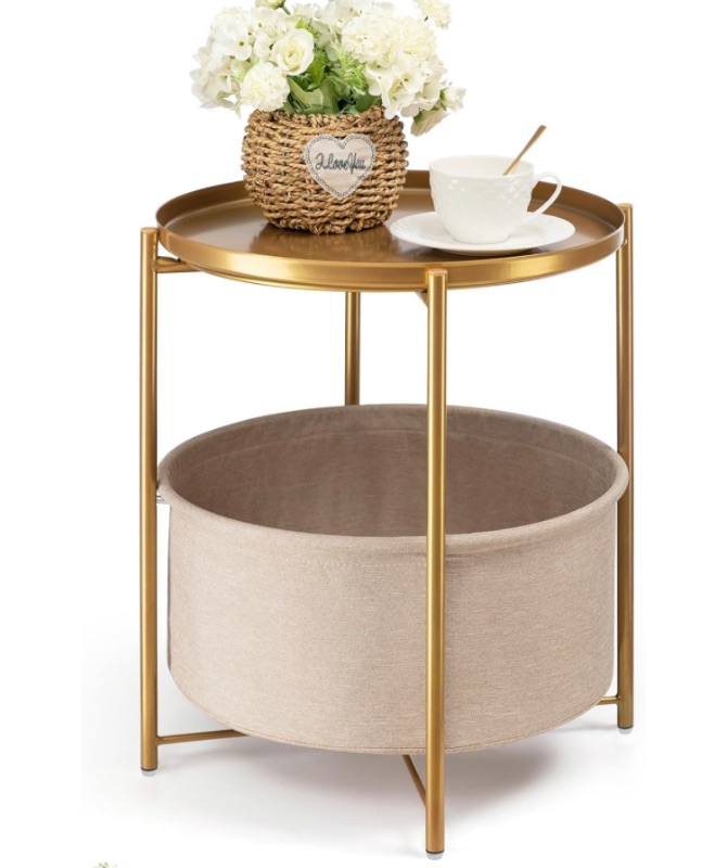 Photo 1 of ****USED** danpinera Round Side Table with Fabric Storage Basket, Metal Small Bedside Nightstand with Removable Tray Top for Living Room, Bedroom, Nursery, Laundry, Gold