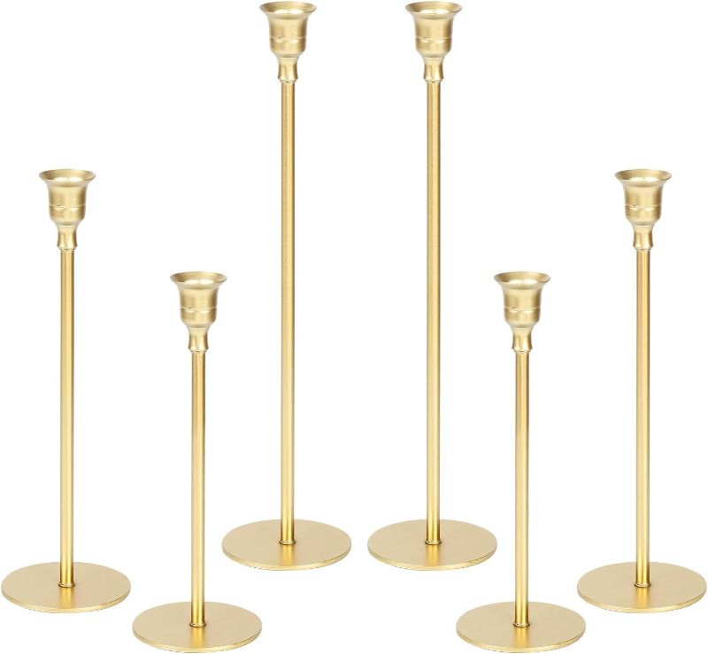 Photo 1 of 
HONXAGOI Set of 6 Taper Candle Holders for Fits 3/4 inch Thick Candlesticks Long Candle Holders, Metal Candlestick Holders Elegant Decor for Wedding Dinning...
Color:Gold