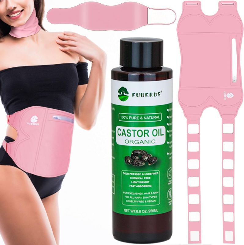 Photo 1 of Fuuerds Castor Oil Pack Wrap Organic Cotton-Castor Oil Organic Cold Pressed Unrefined,Caster Oil Packs Compress Flannel and Chinlon Lycra Fabric (Pink, 36-47in) 2 Pack