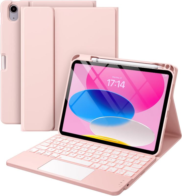 Photo 1 of 10th Generation Case with Keyboard (10.9", 2022), Smart Keyboard Folio Cover with Pencil Holder, Multi-Touch Trackpad, 7 Color Backlit, Detachable Keyboard for iPad 10th Gen (Light Pink)