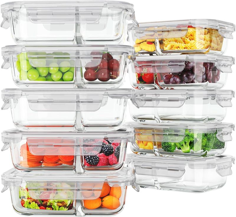 Photo 1 of 10 Pack Glass Meal Prep Containers 2 Compartment, Food Storage Containers with Lids, Airtight Lunch Bento Boxes (10 lids & 10 Containers) - White
