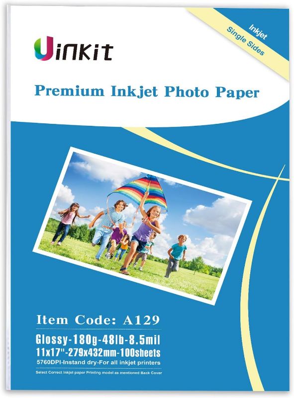Photo 1 of Uinkit 100 Sheets Photo Paper Glossy 11x17 Inkjet 48lb Single Side Print Poster Playbill Obituary Papers for Funerals Bulletin Gallery Show Photographic 11 x 17 Copy Printing A3 Value Packed
