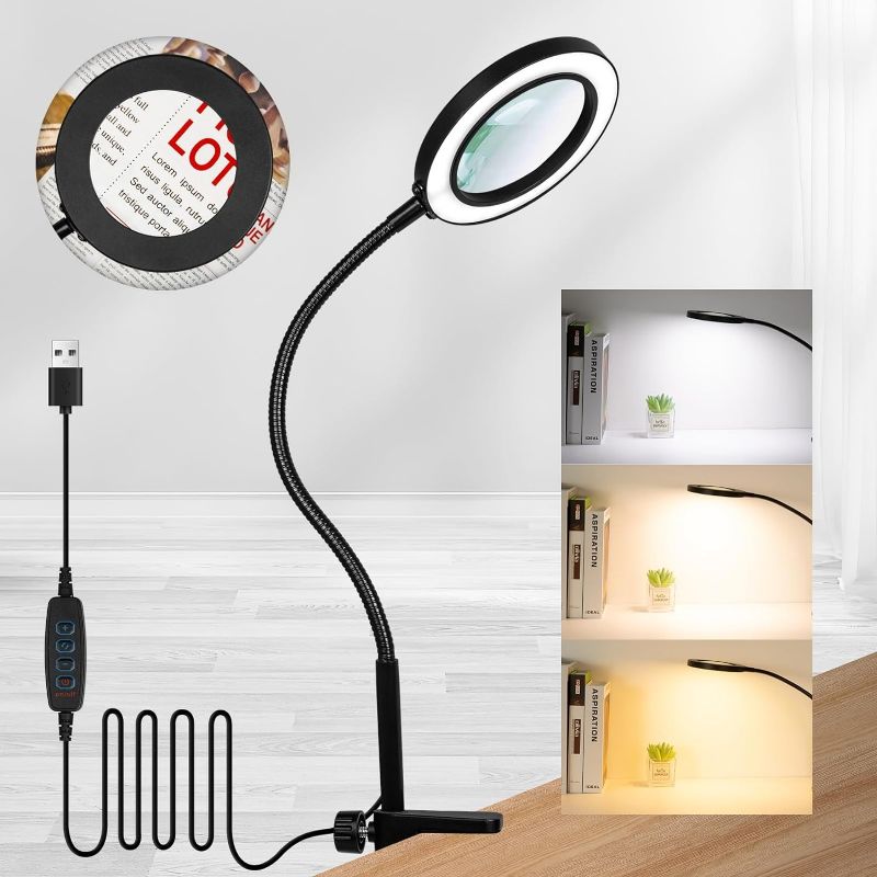 Photo 1 of 10X Magnifying Glass with Light and Clamp, 3 Color Modes Magnifier, 10 Level Dimmable LED Magnifying Lamp with Clip, 360° Gooseneck Swivel Arm Light for Crafts, Repair Workbenches Close