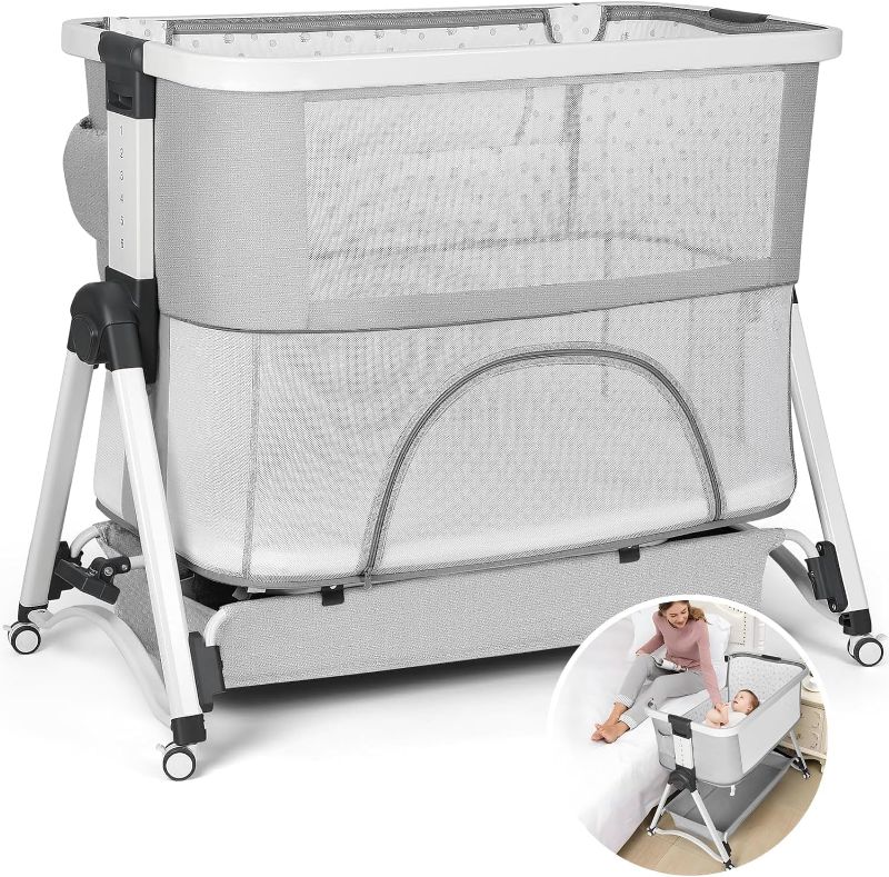 Photo 1 of Cowiewie Baby Swingable Bassinet Infant/Newborn to Toddler Bassinet with 4 Stages, Bedside Sleeper+Travel Cot+Bassinet+Playpen with Mattress, Breathable Net,6 Height Adjustable (Light Gray)
