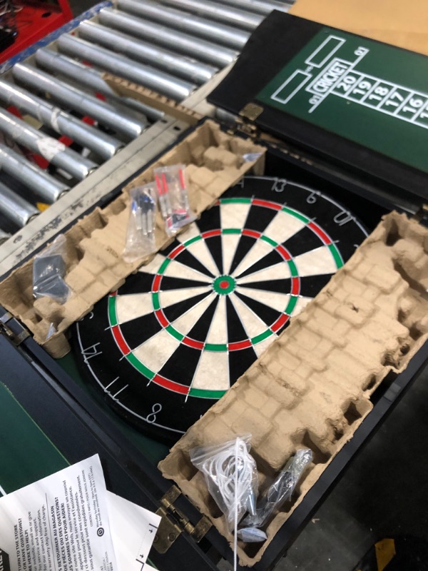 Photo 3 of Bristle Dartboard and Cabinet Sets- Features Easy Assembly - Complete with All Accessories ****USED***BROKE AT THE TOP OF THE CABINET***CAN BE USED FOR PARTS ***** 
