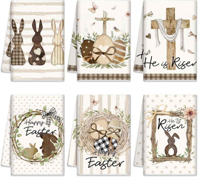 Photo 1 of 6 Pcs Easter Bunny Kitchen Towels Religious He Is Risen Dish Towel 21 x 14 Inch Farmhouse Egg Stripe Dot Bathroom Hand Towel Absorbent Rustic Spring Tea Towel for Kitchen Bath Gift Decor
