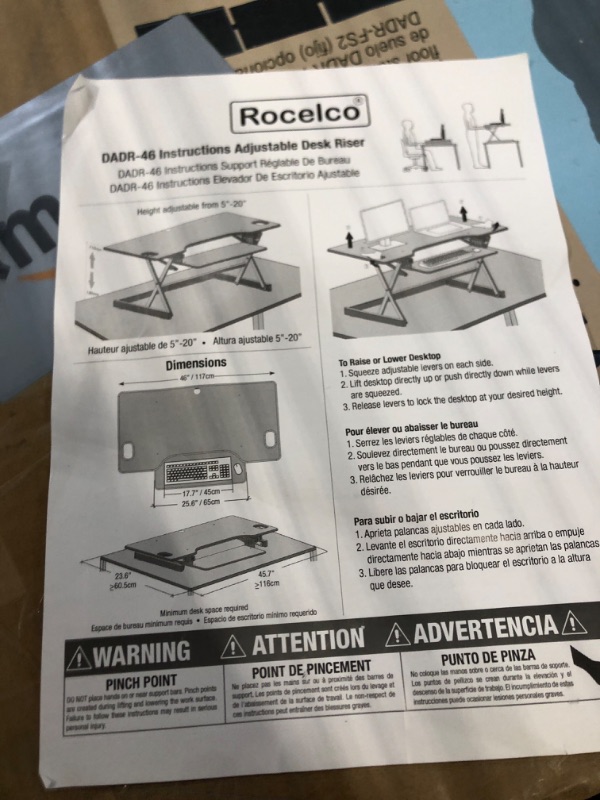 Photo 4 of Rocelco 46" Large Height Adjustable Standing Desk Converter, Quick Sit Standup Triple Monitor Riser, Gas Spring Assist Computer Workstation, Retractable Keyboard Tray, (R DADRB-46), Black Black Riser Only****USED*** 