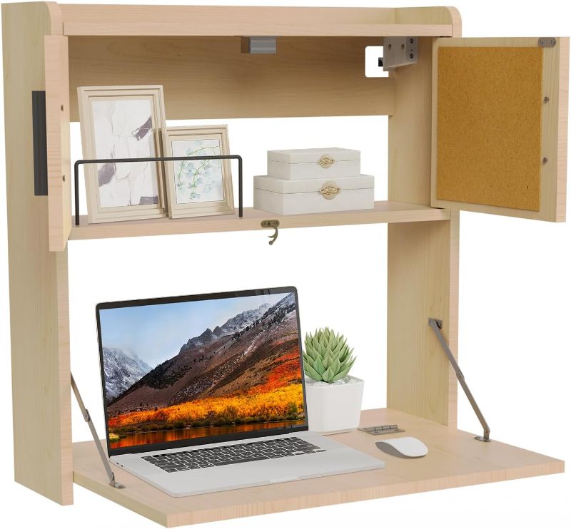 Photo 1 of ARTETHYS Wall Mounted Desk with LED Light Multifunctional Fold Down Laptop Computer Table Writing Workstation with Storage Compartments Space Saving for Home Office Wood Color