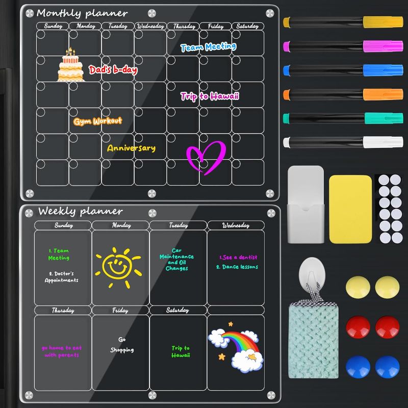 Photo 1 of Acrylic Calendar for Fridge H2.0, Clear Magnetic Calendar for Fridge 2 Pcs, Reusable Fridge Calendar Dry Erase Planning Boards Set, Includes 6 Highlight Markers with 6 Colors(16"x12"Inches)
