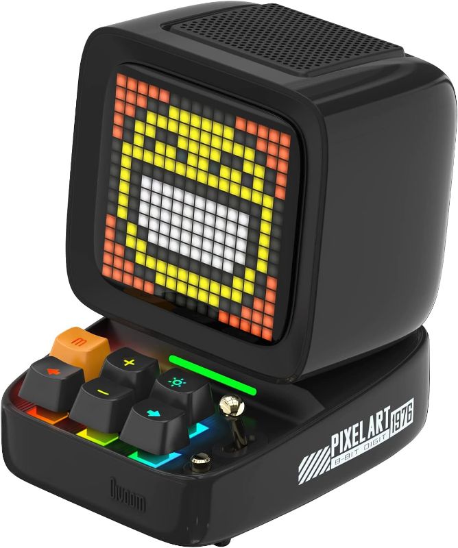 Photo 1 of ** missing power cord, type in last photo**
Divoom Ditoo Retro Pixel Art Game Bluetooth Speaker with 16X16 LED App Controlled Front Screen (Black)
