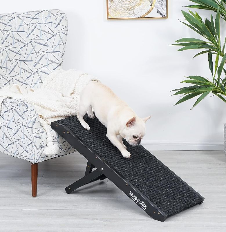 Photo 1 of 19" Tall Pet Ramp - Small to Medium Dogs and Cats Use - Wooden Folding Portable Dog Ramp Perfect for Couch or Bed with Non Slip Carpet Surface - 4 Levels Height Adjustable Up to 110Lbs Black
