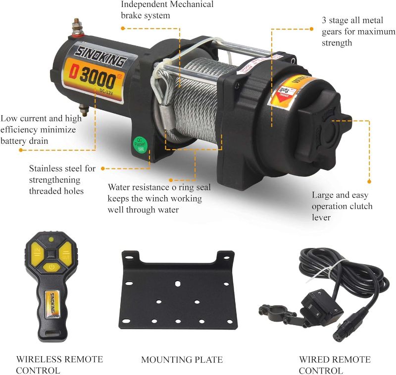 Photo 1 of 12VDC 3000LB UTV ATV Winch with 3/16?*39?(feet) Steel Cable 12V Electric Winch Kit with Wireless Remote Control
