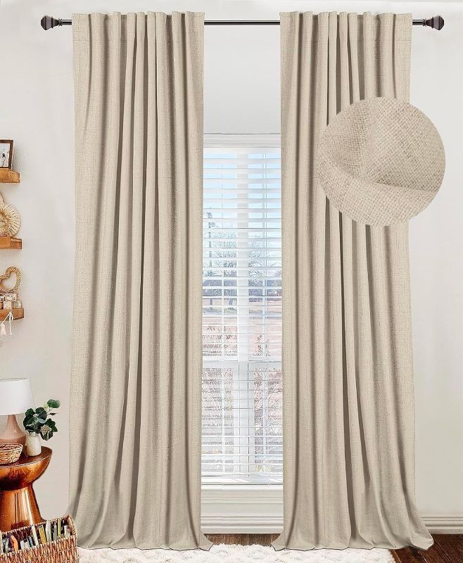 Photo 1 of 100% Blackout Shield Linen Blackout Curtains for Bedroom 84 Inches Long,Back Tab/Rod Pocket Living Room Drapes,Thermal Insulated Textured Blackout Curtains 2 Panels Set,50" W x 84" L,Natural
