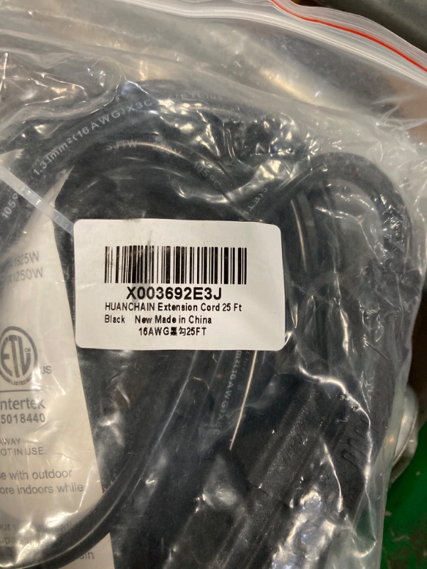 Photo 1 of HUANCHAIN Indoor Outdoor Black Extension Cord 25 ft Waterproof, 16/3 Gauge Flexible Cold-Resistant Appliance Cord Outside, 13A 1625W 16AWG SJTW, 3 Prong Heavy Duty Electric Cord, ETL
