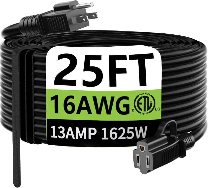 Photo 1 of HUANCHAIN Indoor Outdoor Black Extension Cord 25 ft Waterproof, 16/3 Gauge Flexible Cold-Resistant Appliance Cord Outside, 13A 1625W 16AWG SJTW, 3 Prong Heavy Duty Electric Cord, ETL
