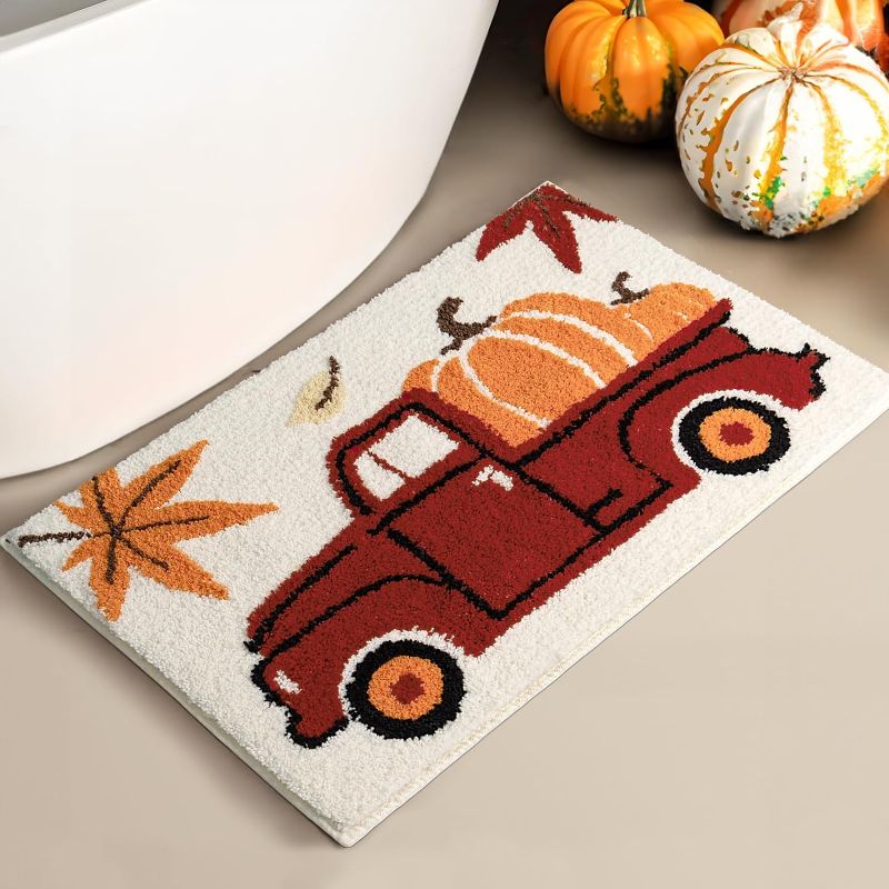 Photo 1 of Fall Bathroom Rug Orange Bath Mats Non Slip Funny Bathroom Decor Truck Pumpkin Autumn Maple Leaves Washable Bath Mats for Bathroom Entryway Shower 20"x32"
