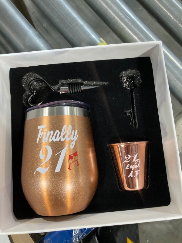 Photo 1 of 21st Birthday Gifts For Women, Funny Birthday Wine Gifts Ideas for Her, Friend, Daughter, Sister | Unique Finally 21 Stainless Steel Wine Tumbler Shot Glass Set For 21 Year Old