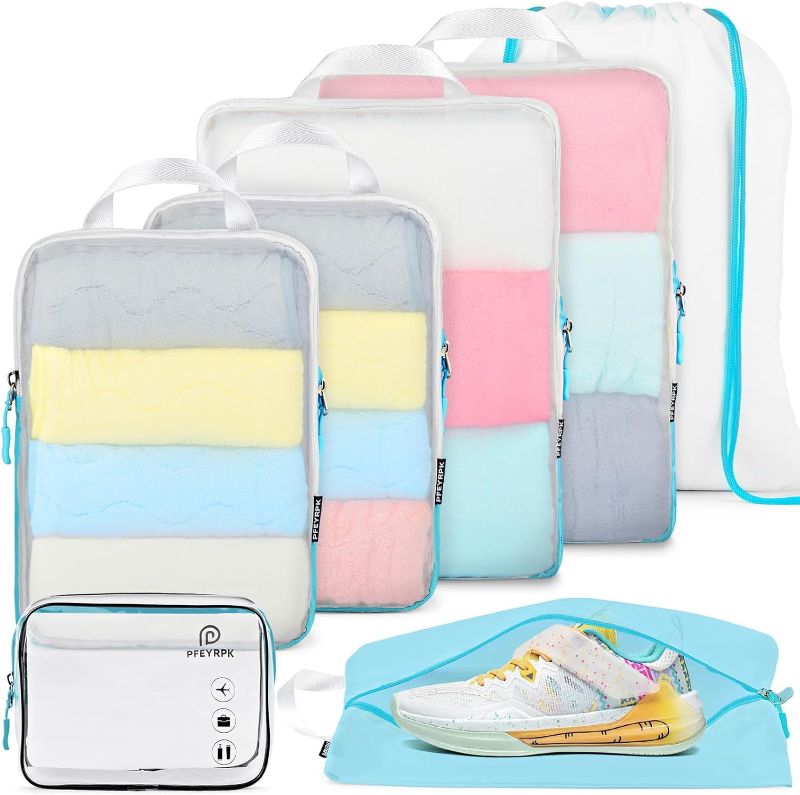 Photo 1 of Compression Packing Cubes for Suitcase,Expandable Packing Cubes Compression for Travel, 7 Set with Clear Toiletries Shoe Bag and Backpack Bag Travel Organizer Cubes for Travel Essentials.
