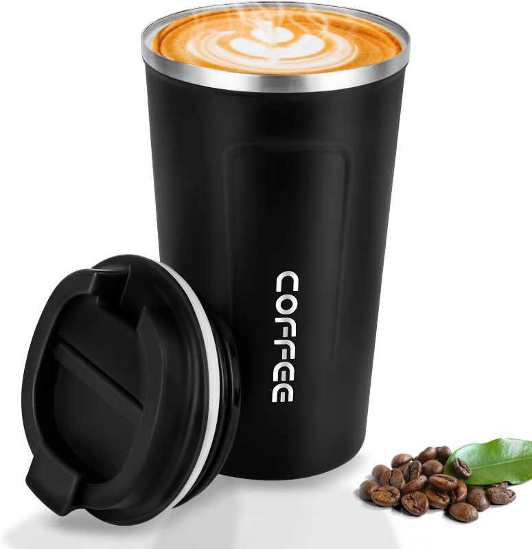 Photo 1 of 13oz Car Coffee Mug 304 Stainless Steel Thermal Cup - Portable and Stylish Cup for Coffee Lovers and Drivers - Press-in Lid, Anti-Slip Base, Non-Spill, Matte Finish(Black)