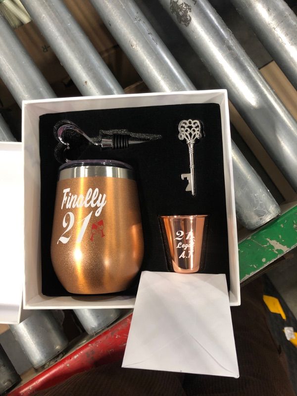 Photo 1 of 21st Birthday Gifts For Women, Funny Birthday Wine Gifts Ideas for Her, Friend, Daughter, Sister | Unique Finally 21 Stainless Steel Wine Tumbler Shot Glass Set For 21 Year Old