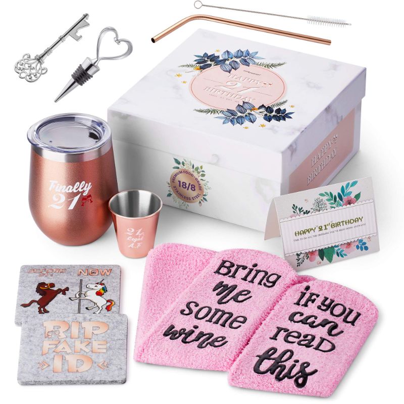 Photo 1 of 21st Birthday Gifts For Women, Funny Birthday Wine Gifts Ideas for Her, Friend, Daughter, Sister | Unique Finally 21 Stainless Steel Wine Tumbler Shot Glass Set For 21 Year Old