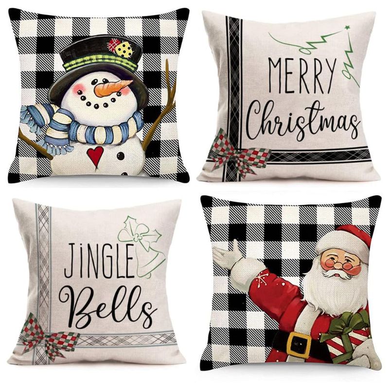 Photo 1 of 18x18 Set of 4 Buffalo Plaid Christmas Pillow Covers, Christmas Farmhouse Snowman Santa Holiday Xmas Throw Pillows Cover Merry Christmas Outdoor Pillowcases Decor for Couch (Black Plaid, A) Black Plaid a