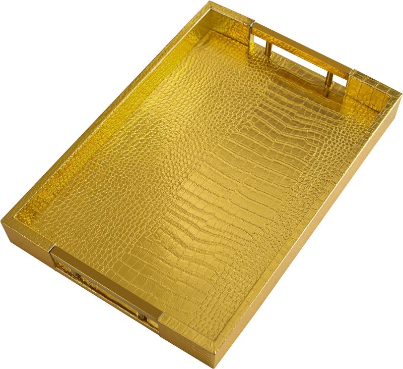 Photo 1 of * similar to image**
Decorative Serving Tray - gold Faux Leather + Golden Stainless Steel Handles - Use with Ottoman, Coffee Table, Cosmetics, Jewelry, Skincare, Décor Organization & More - 12 x17 inch Comfify
