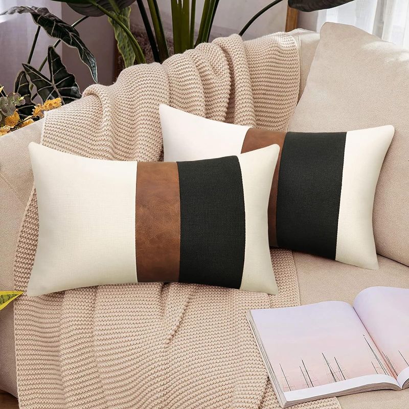 Photo 1 of ** similar to image**
Merrycolor Pack of 2 Thick Black Linen Farmhouse Lumbar Throw Pillow Cover Black Brown Decorative Linen Faux Leather Ticking Stripe Cushion Pillowcase Modern Sofa Couch Pillow Cover 12x20 Inches
