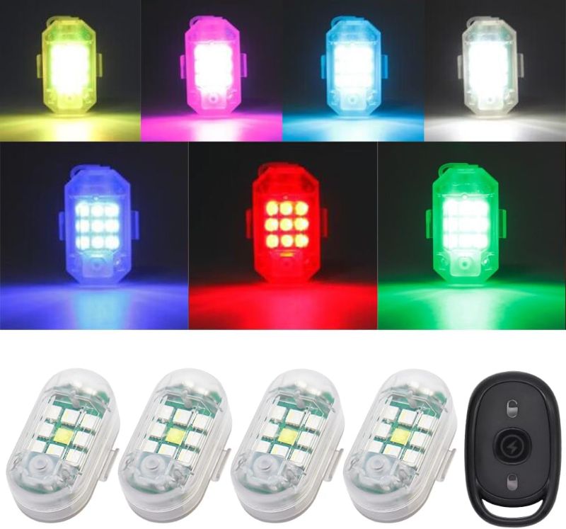 Photo 1 of ** missing remote**
4Pcs LED Anti-Collision Strobe Lights with Remote, 7 Colors USB Rechargeable Flashing Lights Wireless Led Strobe Lights for Car Drone Aircraft Motorcycle Bike Emergency Warning Signal Lights
