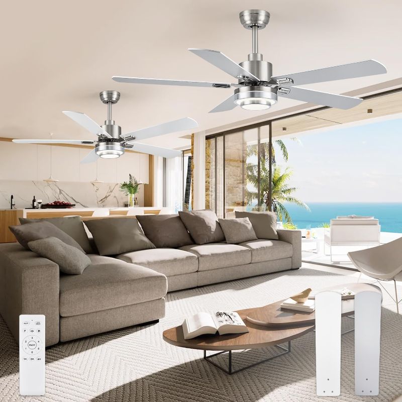 Photo 1 of 2 Pack Ceiling Fans with Light, 52" Modern Ceiling Fan with Remote, LED Quiet Ceiling Fan for Bedroom, Kitchen, Indoor&Outdoor, Dual Finish Blades (Brushed Nickel & White)
