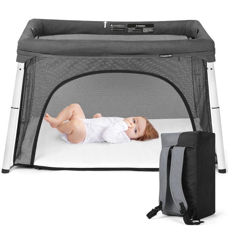 Photo 1 of Cowiewie Portable Travel Crib Playard?0-3years,Unisex? with Insulation Mattress, Breathable and Washable Playpen, Dark Gray
