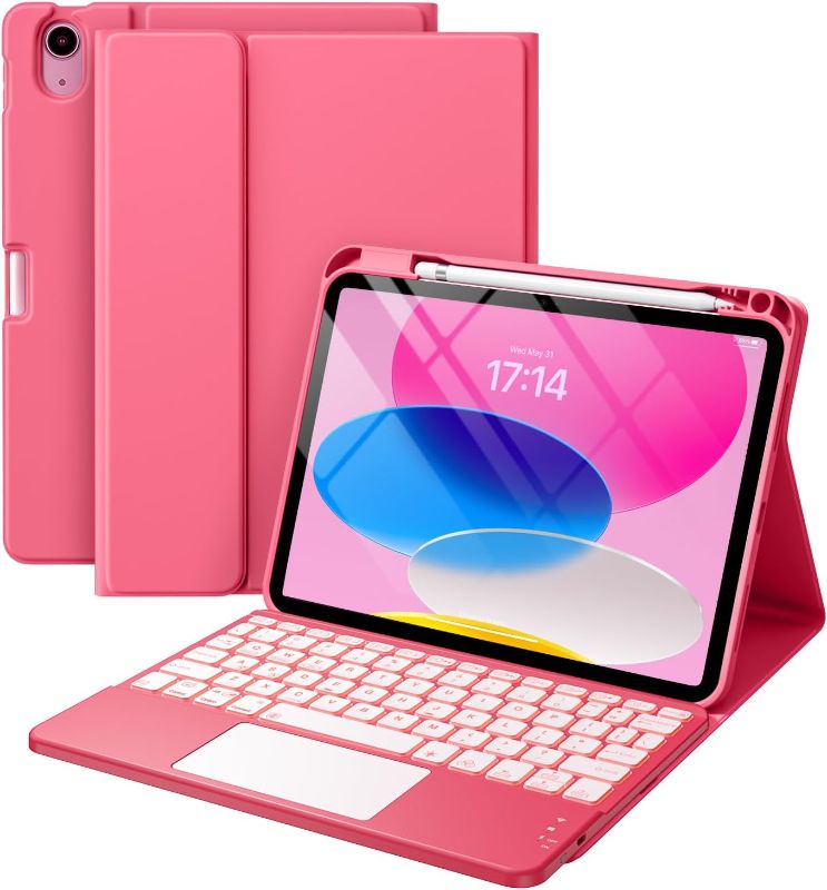 Photo 1 of iPad 10th Generation Case with Keyboard (10.9", 2022), Smart Keyboard Folio Cover with Pencil Holder, Multi-Touch Trackpad, 7 Color Backlit, Detachable Keyboard for iPad 10th Gen (Pink)
