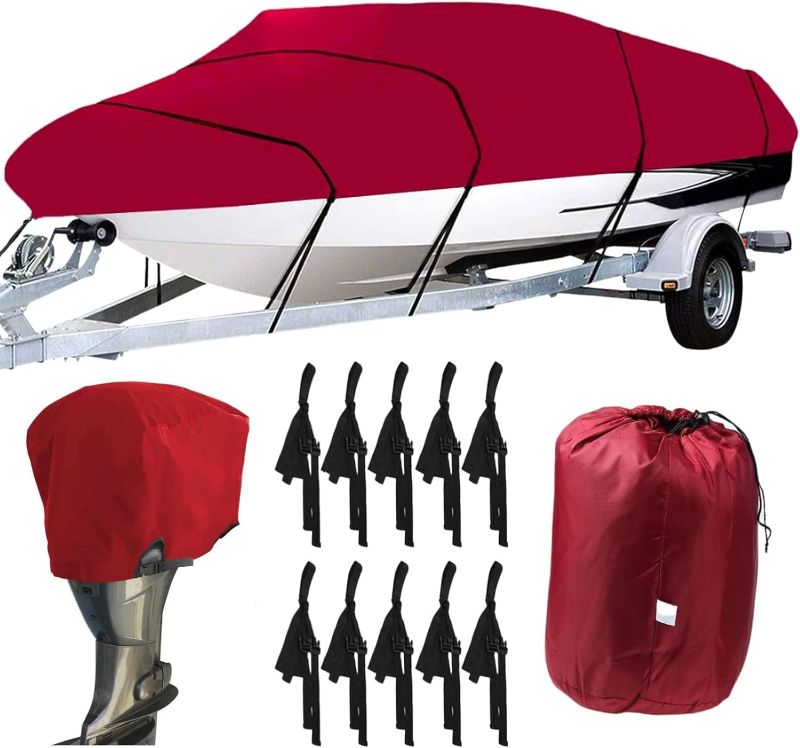 Photo 1 of Boat Cover with Motor Cover 11-22 Ft, 600D Heavy Duty Waterproof Boat Cover, UV Resistant Fishing Boat Cover, Trailerable Boat Cover fits V-Hull Tri-Hull Runabouts (Red, 17-19ft)
