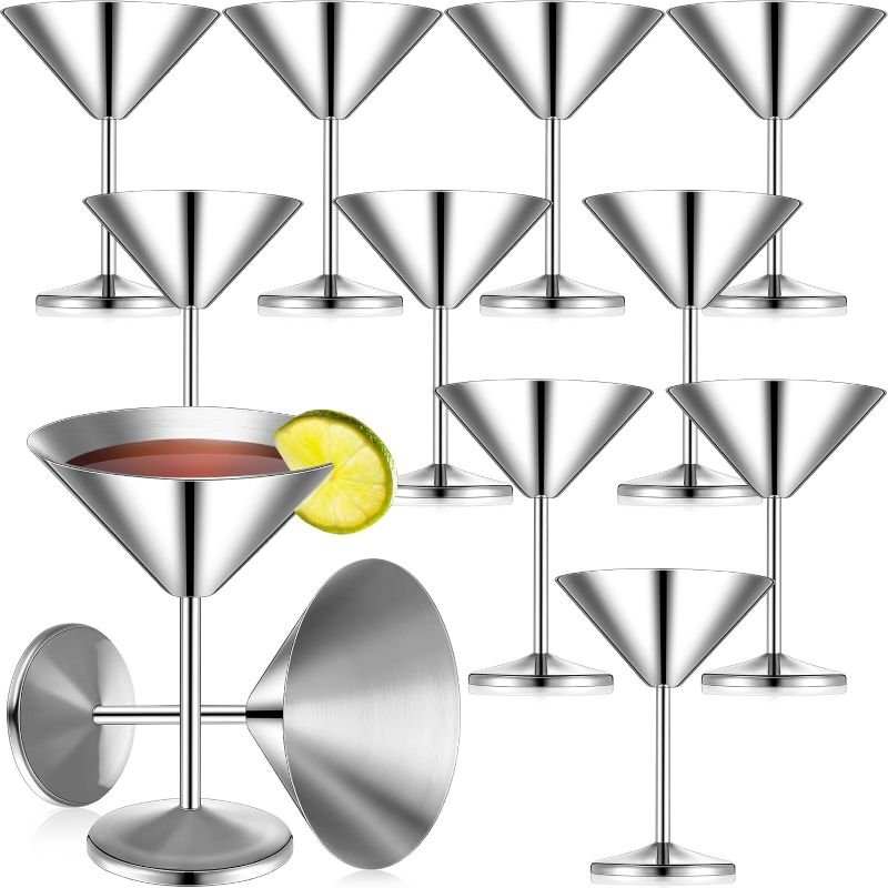 Photo 1 of 12 Pcs Stainless Steel Martini Glasses 8.5oz Shatterproof Metal Cocktail Glasses Reusable Metal Wine Glasses 18/8 Mirror Polished Surface Stemware for RV, Bar, Anniversary, Wedding, Party (Silver)