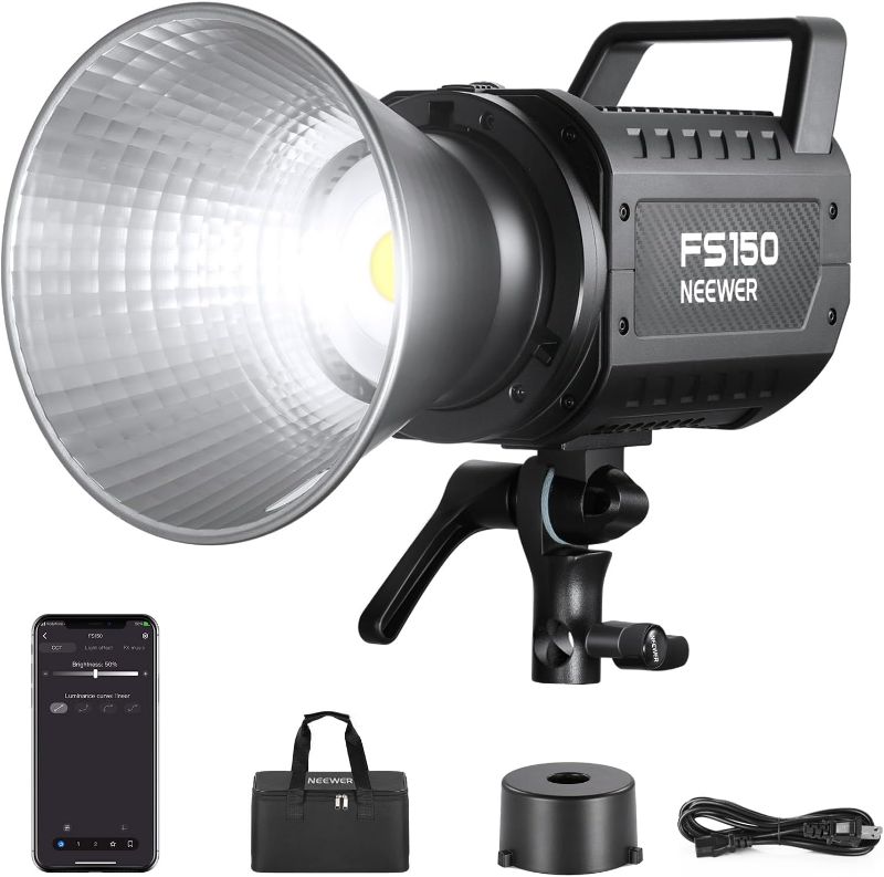 Photo 1 of NEEWER FS150 LED Video Light 2.4G/APP Control, 130W 5600K COB Daylight Silent Photography Continuous Output Lighting 4 Precise Dimming Types 102000lux/1m CRI97+ 9 Effects Bowens Mount, US Plug