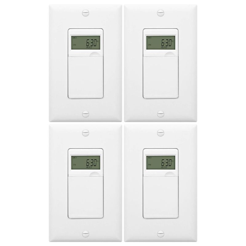 Photo 1 of ENERLITES Programmable Digital Timer Switch for Lights, Fans, Motors, 7-Day 18 ON/OFF Timer Settings, Single Pole, Neutral Wire Required, UL Listed, HET01-C, White, 4 Pack
