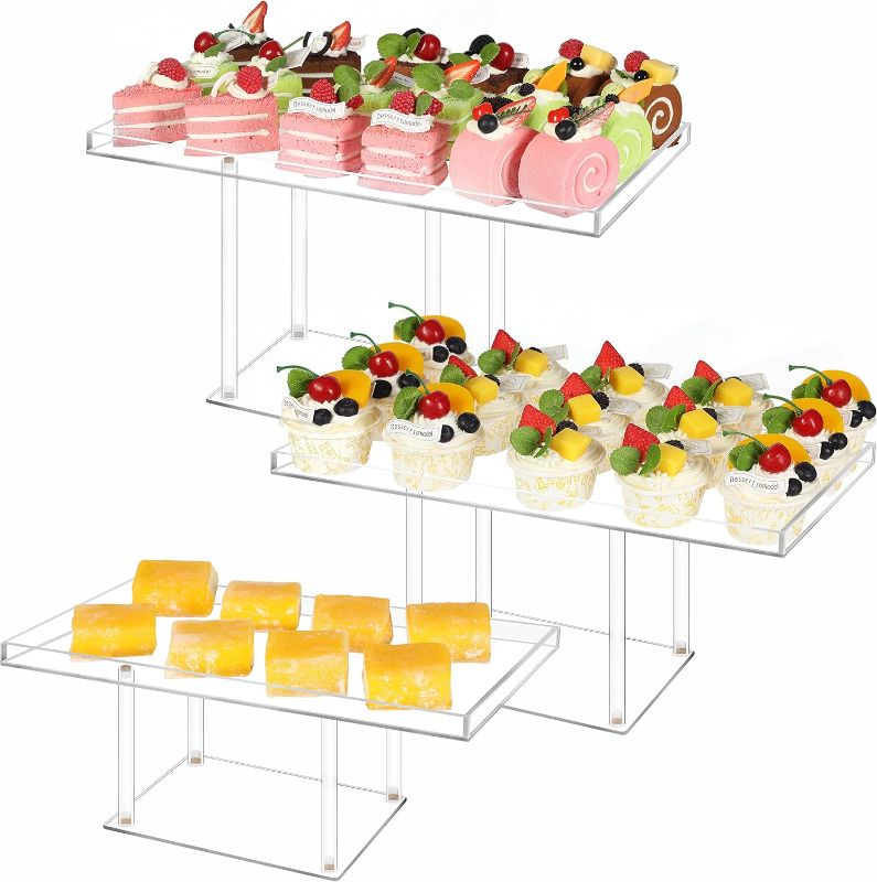 Photo 1 of 3 Pack Dessert Table Display Set, Clear Acrylic Dessert Stands Buffet Risers for Cupcakes Dessert Pastry Food Treat Tier Cookie Dessert Platter Serving Trays Stand for Wedding Birthday Party