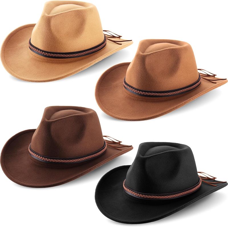 Photo 1 of 4 Pcs Women Men Felt Western Cowboy Hats Wide Brim Cowgirl Hats Panama Hat for Adults Costume Outdoor